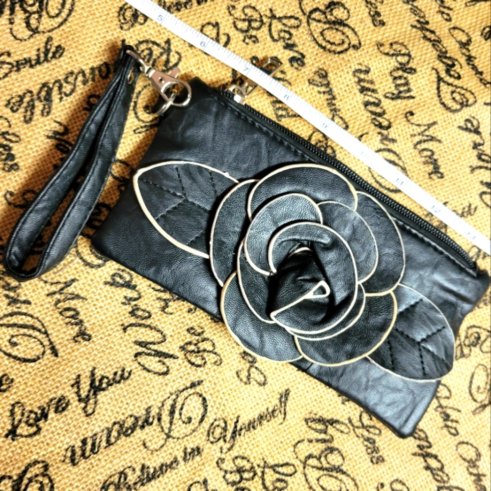 Faux leather 3d rose wristlet wallet /purse